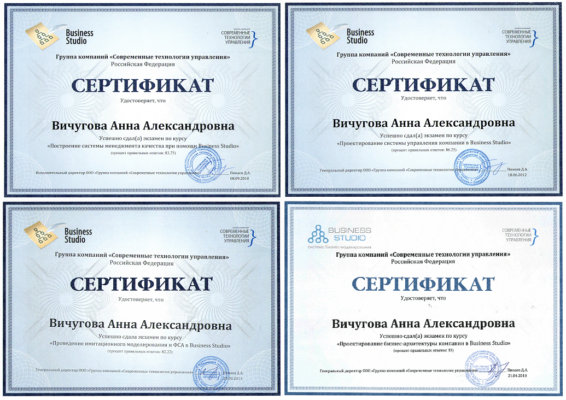 сертификаты Business Studio Вичугова Анна Александровна
