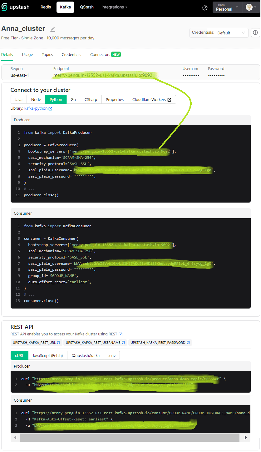 serverless free Upstah Kafka, бессерверная платформа Apache Kafka, облачный сервис Kafka, Python consumer producer Kafka